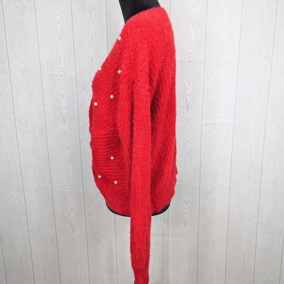 No Boundaries Sweater Women's Size XXL Crisscross Fuzzy Red with Beads Christmas - Picture 4 of 10